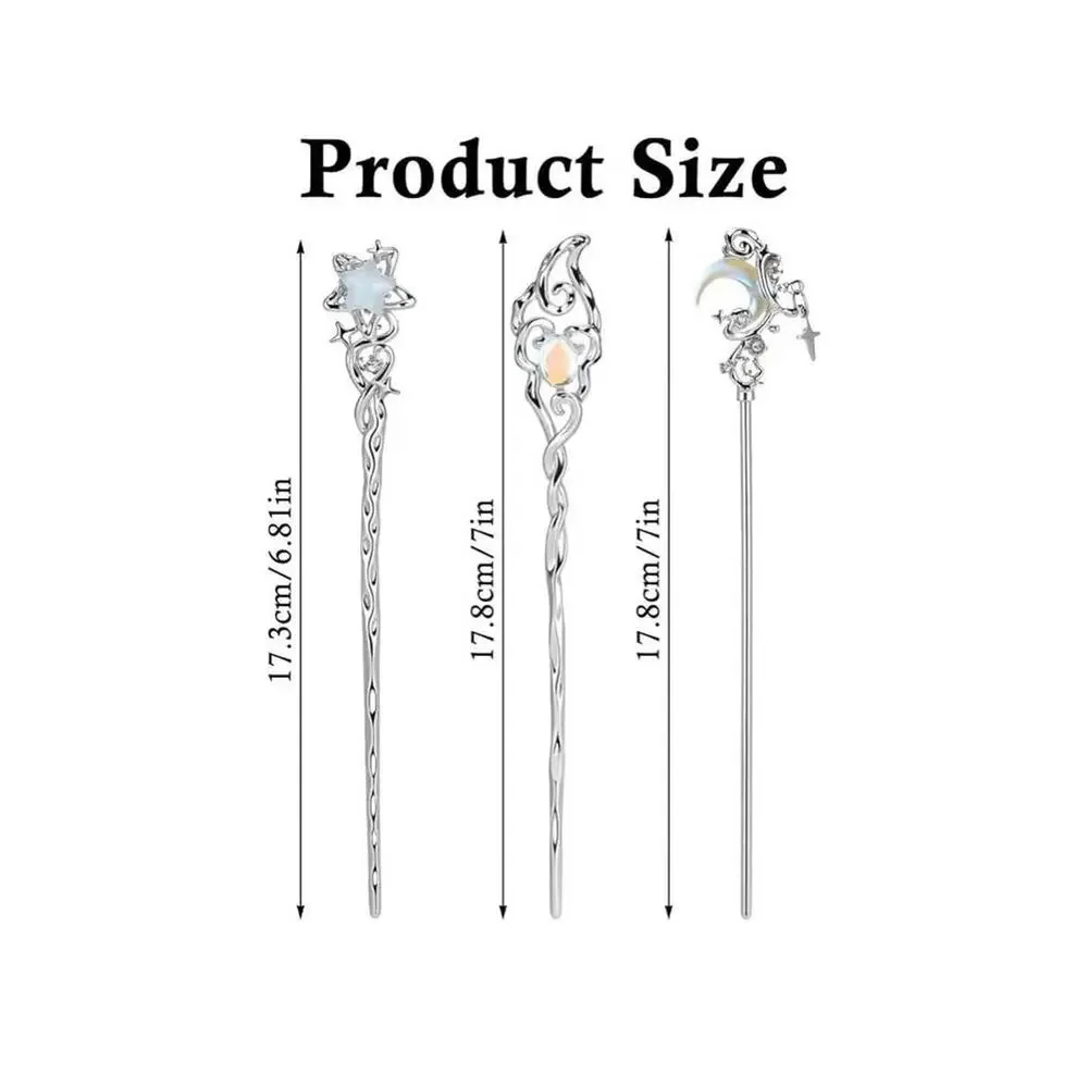 3Pcs Shimmeroo Star Moon Stone Hair Sticks